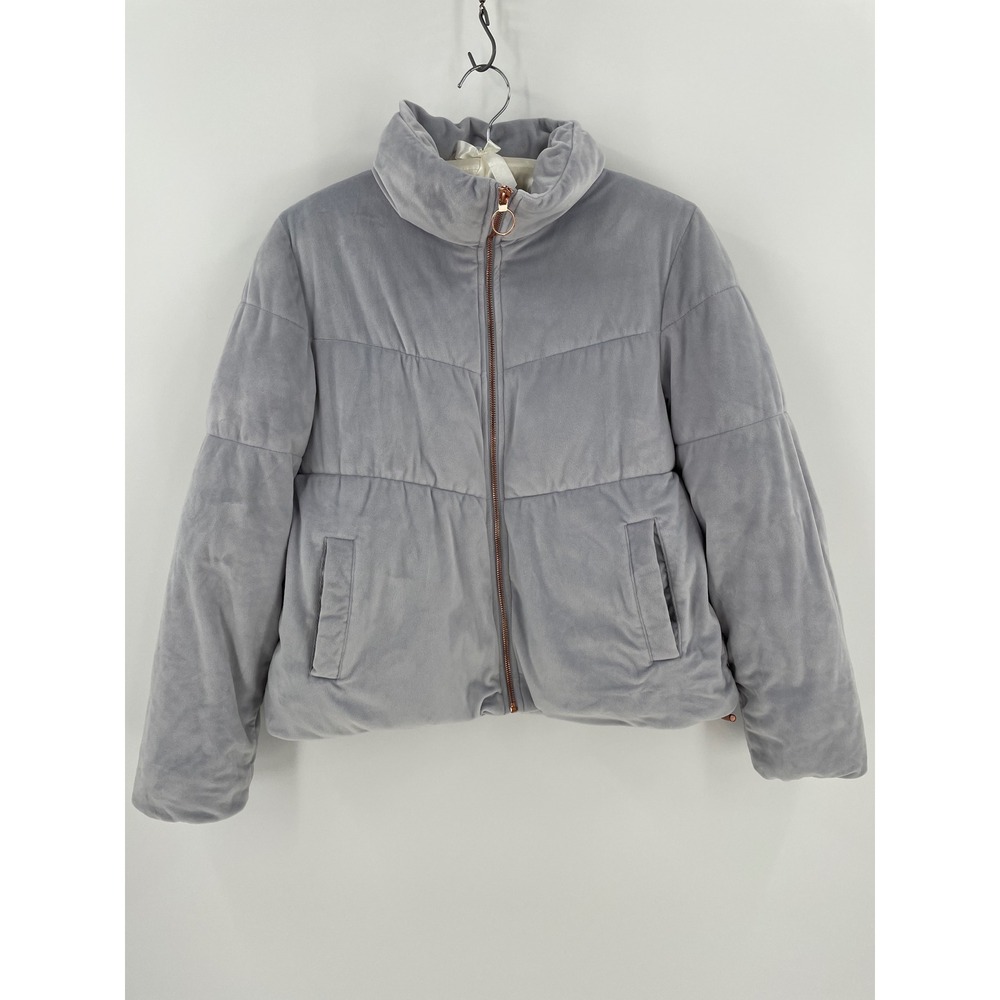 Old Navy Active Velour Puffer Jacket Womens M Gray Rose Gold Zip Y2K